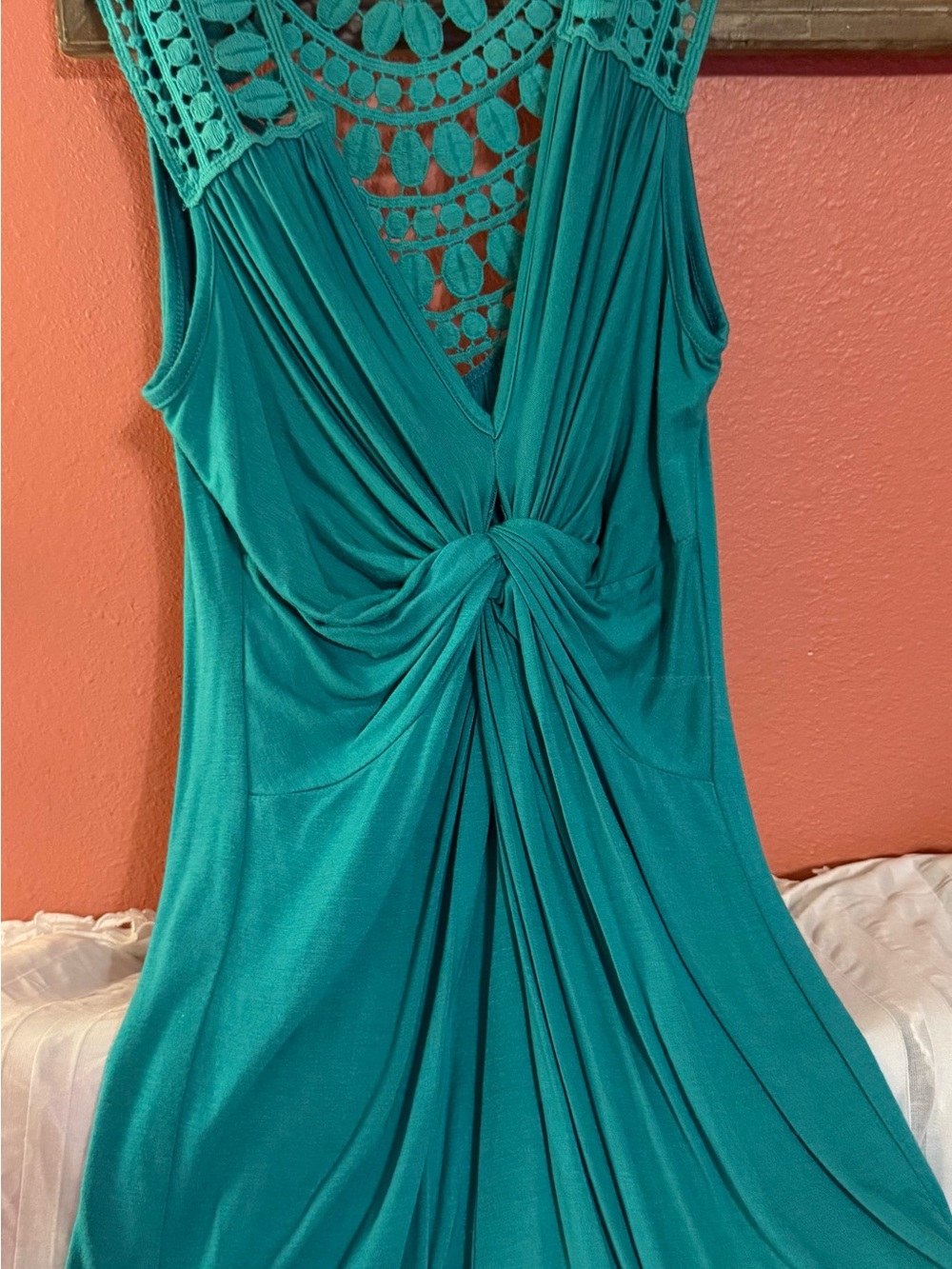 Robin K Teal Knot-Front Sleeveless Top with Crochet Back Size S